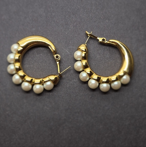 Monet Gold Tone Pearl Hoop Earrings - Picture 12 of 16